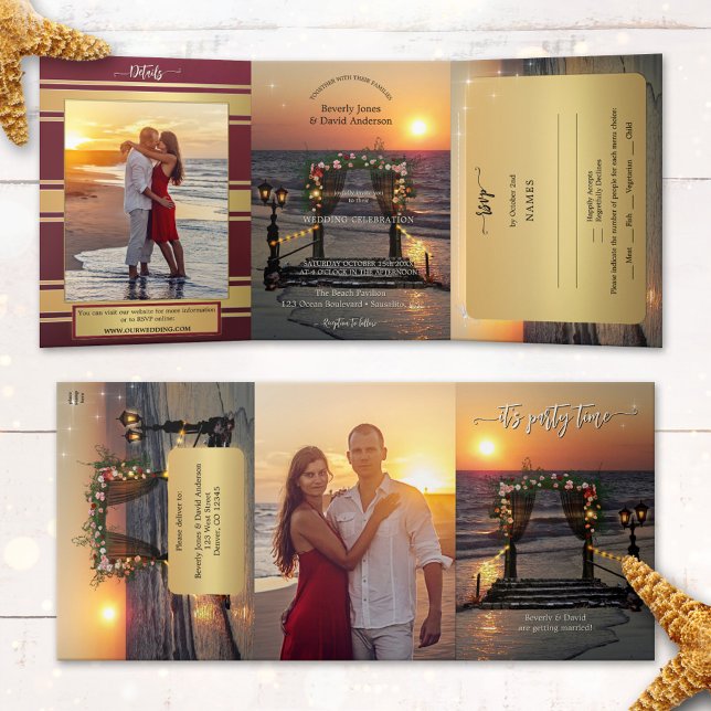Convite Com Dobra Tripla Rose Arbor Beach Photo Wedding All in One (Tri-fold beach photo wedding invitation featuring a rose arbor at sunset, with festive string lights)