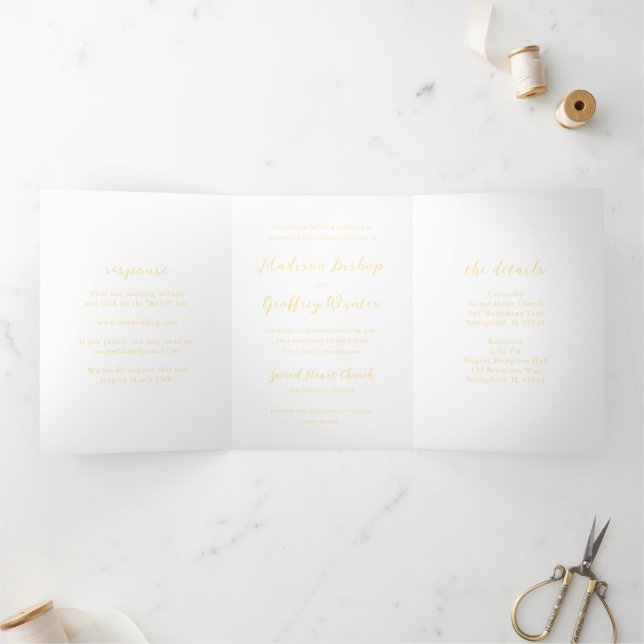 Convite Com Dobra Tripla Roteiro Negrito Manteiga Amarelo Casamento Elegant (Dentro)