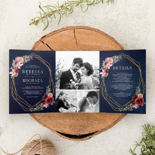Convite Com Dobra Tripla Roxo Azul Bege Borgonha Floral Casamento