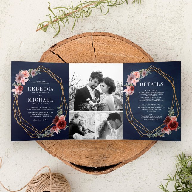 Convite Com Dobra Tripla Roxo Azul Bege Borgonha Floral Casamento (Criador carregado)