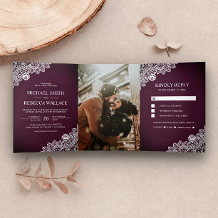 Convite Com Dobra Tripla Roxo de Ameixa Country Rústico Foto de Casamento c