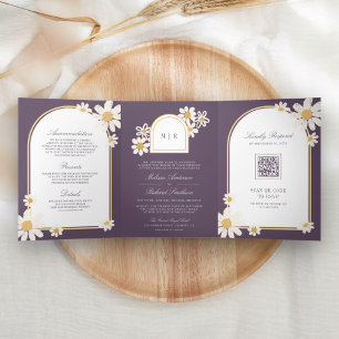 Convite Com Dobra Tripla Roxo Empolado Amarelo Rétro Margarida Casamento Tu