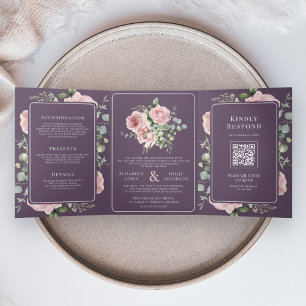 Convite Com Dobra Tripla Roxo Floral Eucalipto Rosa Bege Casamento