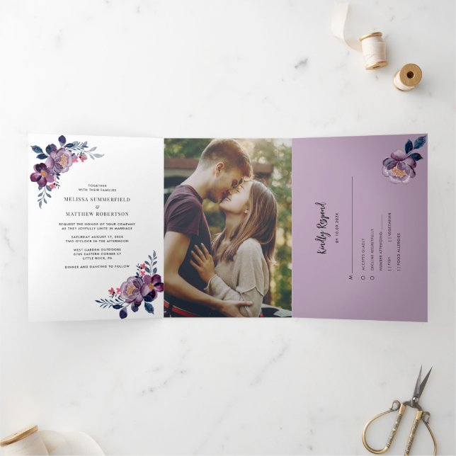 Convite Com Dobra Tripla Roxo Floral Outono Rótulo Geométrico Casamento (Dentro)