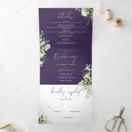 Convite Com Dobra Tripla Roxo Moderno Botânico Verde Foto Casamento
