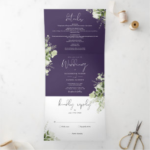 Convite Com Dobra Tripla Roxo Moderno Botânico Verde Foto Casamento