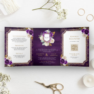 Convite Com Dobra Tripla Roxo Real Dourado Floral Tudo em Um Brasão Casamen