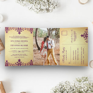 Convite Com Dobra Tripla Roxo Vintage Damasco Casamento Tradicional Indiano