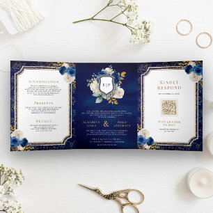 Convite Com Dobra Tripla Royal Azul Dourado Floral Tudo em Um Crest Casamen