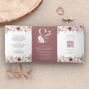Convite Com Dobra Tripla Rubor Floral Poeira Rosa Ampersand Código QR Casam