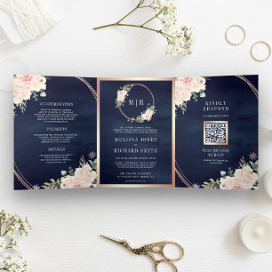 Convite Com Dobra Tripla Rubor Rosa Dourado Rosa Código QR Floral Azul Mari