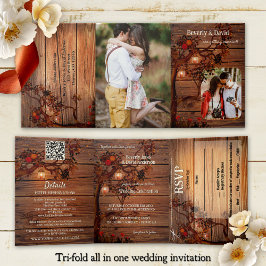 Convite Com Dobra Tripla Rustic Autumn Tree Photo Wedding 