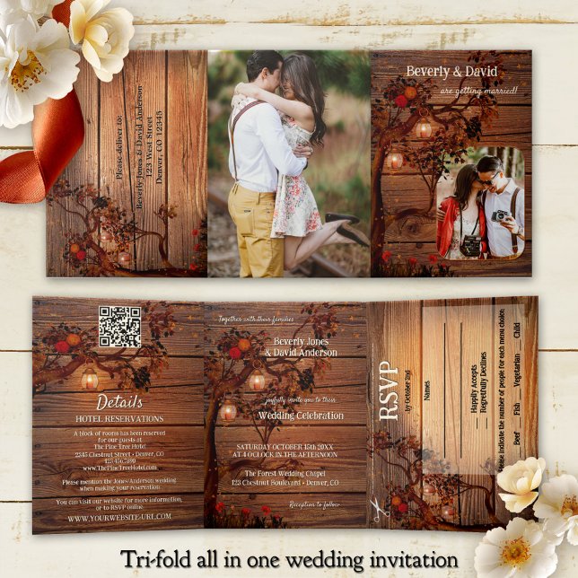 Convite Com Dobra Tripla Rustic Autumn Tree Photo Wedding  (Tri-fold all in one photo wedding invitation showing a rustic wood design with fall tree and lantern)