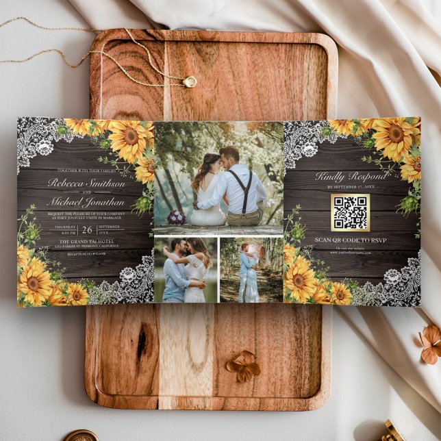 Convite Com Dobra Tripla Rustic Barn Wood Lace Girassóis Código QR Casament (Criador carregado)