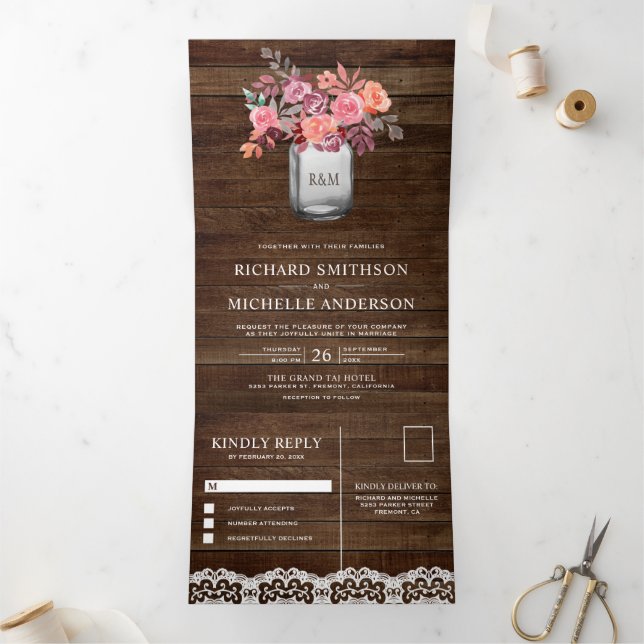 Convite Com Dobra Tripla Rustic Barn Wood Marsala Floral Mason Jar Wedding (Dentro)