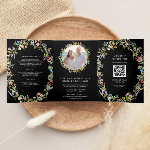 Convite Com Dobra Tripla Rustic Boho Wildflower Photo Código QR Casamento P
