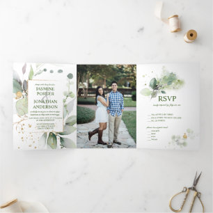 Convite Com Dobra Tripla Rustic Botanicals Greenery e Foto Dourada Casament