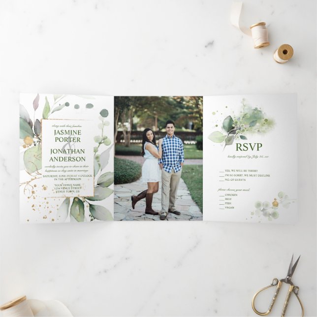 Convite Com Dobra Tripla Rustic Botanicals Greenery e Foto Dourada Casament (Dentro)