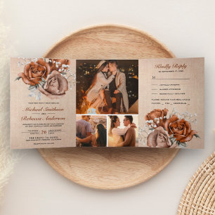 Convite Com Dobra Tripla Rustic Burlap Burnt Orange Rosa em Um Casamento