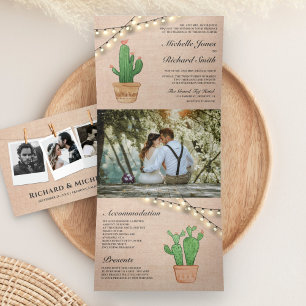 Convite Com Dobra Tripla Rustic Burlap String Lights Desert Cactus Wedding