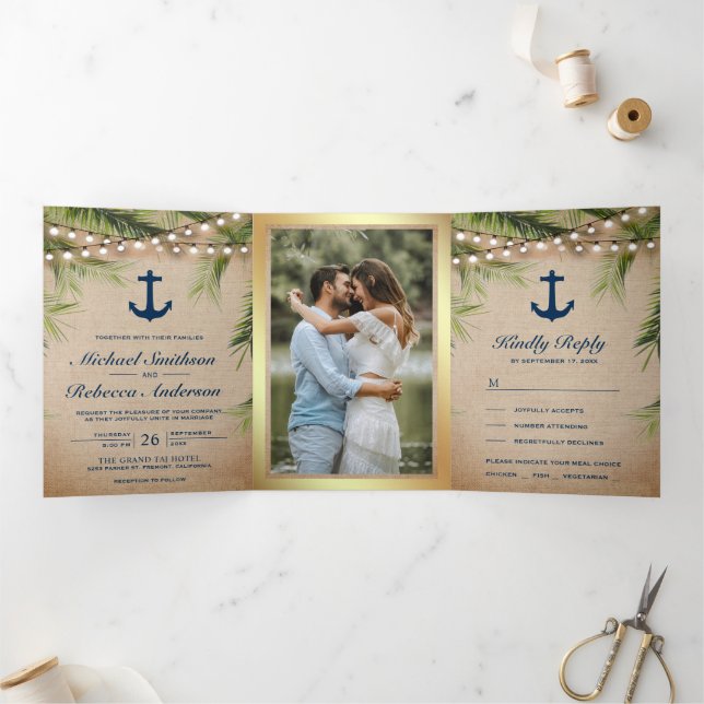 Convite Com Dobra Tripla Rustic Burlap Tropical Palm Anchor Luzes Casamento (Dentro)