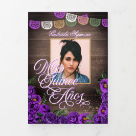 Convite Com Dobra Tripla Rustic Charro Royal Purple Rosa Quinceañera