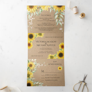 Convite Com Dobra Tripla Rustic Country Sunflower Wedding Kraft Paper