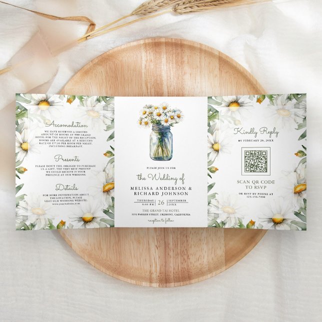 Convite Com Dobra Tripla Rustic Daisies Floral Mason Jar QR Code Wedding (Criador carregado)