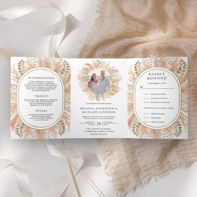 Convite Com Dobra Tripla Rustic Earthy Boho Pampas Grass em Um Casamento (Criador carregado)