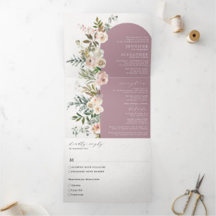 Convite Com Dobra Tripla Rustic Floral Mauve All in One Wedding Tri-Fold