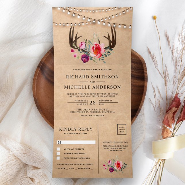 Convite Com Dobra Tripla Rustic Kraft String Lights Floral Antler Wedes (Criador carregado)