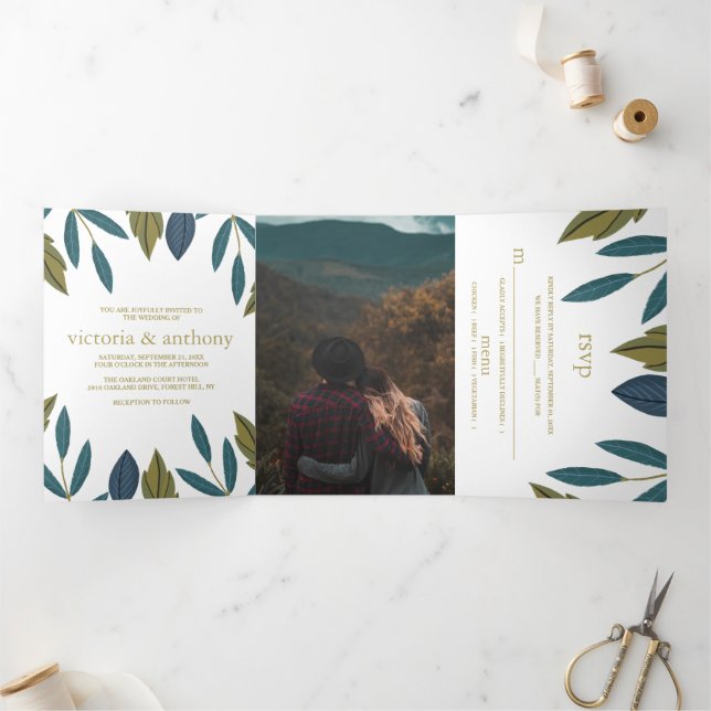 Convite Com Dobra Tripla Rustic Leaf Floral Wedding Suite (Dentro)