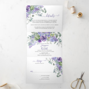 Convite Com Dobra Tripla Rustic Lilacs, Succulents, Casamento Eucalyptus