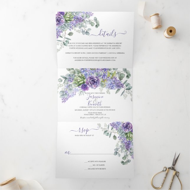 Convite Com Dobra Tripla Rustic Lilacs, Succulents, Casamento Eucalyptus (Dentro)