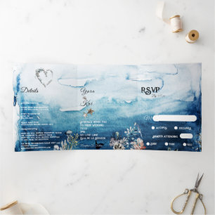 Convite Com Dobra Tripla Rustic Ocean Menu-Choice RSVP Wedding
