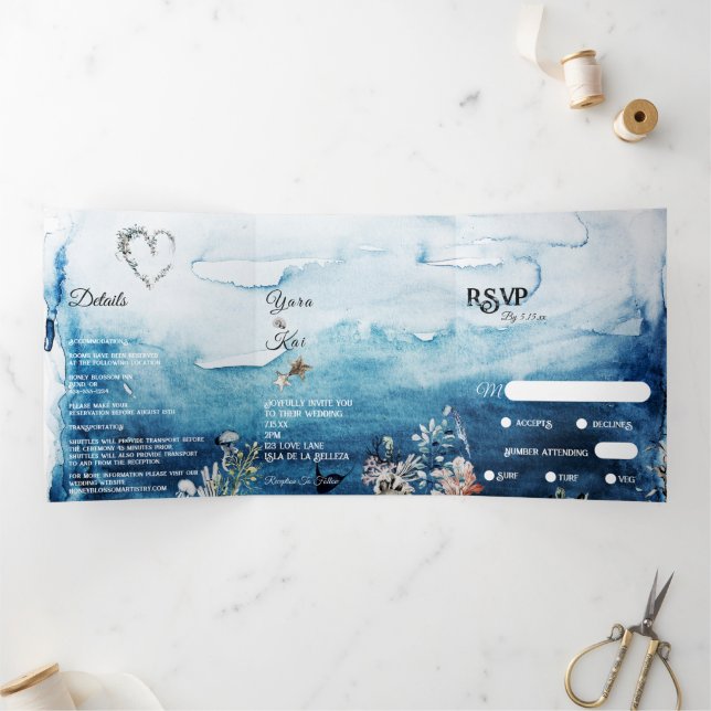 Convite Com Dobra Tripla Rustic Ocean Menu-Choice RSVP Wedding (Dentro)