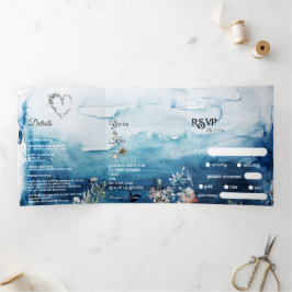 Convite Com Dobra Tripla Rustic Ocean Song Request RSVP Wedding