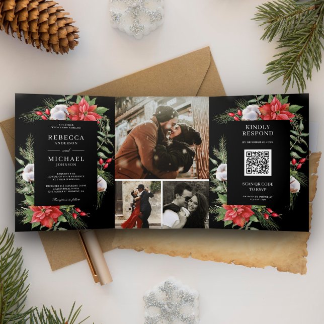 Convite Com Dobra Tripla Rustic Poinsettia Código QR Casamento Negro de Nat (Criador carregado)