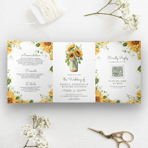 Convite Com Dobra Tripla Rustic Sunflower Mason Jar Código QR Casamento