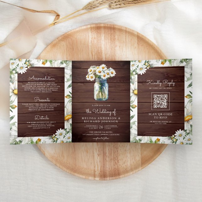 Convite Com Dobra Tripla Rustic Wood Daisies Mason Jar QR Code Wedding (Criador carregado)