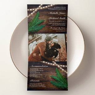 Convite Com Dobra Tripla Rustic Wood Fern Greenery String Luzes Casamento