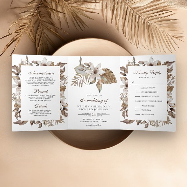 Convite Com Dobra Tripla Rústica Tropical Seca Palma Deixa Casamento Floral (Criador carregado)