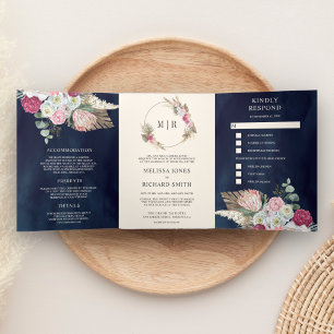 Convite Com Dobra Tripla Rústico Boho Rosa Floral Pampas Azul Marinho Casam
