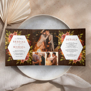 Convite Com Dobra Tripla Rústico Laranja Queimado Floral Foto Casamento