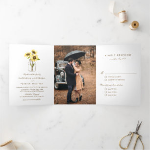 Convite Com Dobra Tripla Rústicos Girassóis no Casamento Mason Jar Country