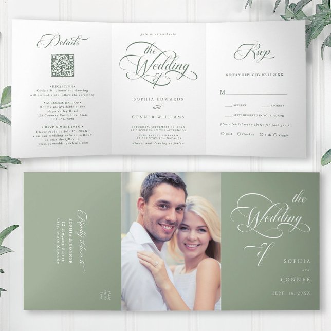 Convite Com Dobra Tripla Sage Green Delicate Elegant Script Wedding (Inside & Outside)