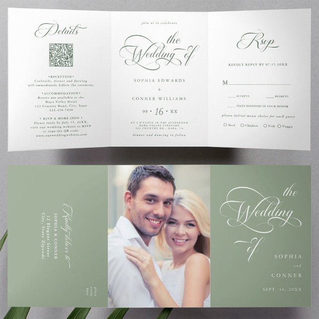 Convite Com Dobra Tripla Sage Green Elegant Charm Script Wedding (Inside & Outside)