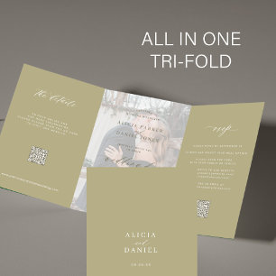 Convite Com Dobra Tripla Sage green foto casamento RSVP detalhes QR