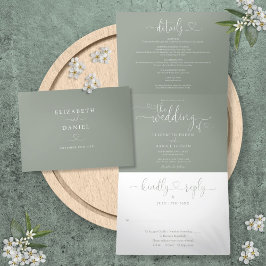 Convite Com Dobra Tripla Sage Green Heart Script Wedding
