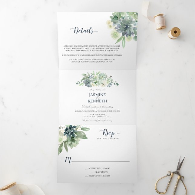 Convite Com Dobra Tripla Sage Green Indigo Blue Succulents Casamento (Dentro)